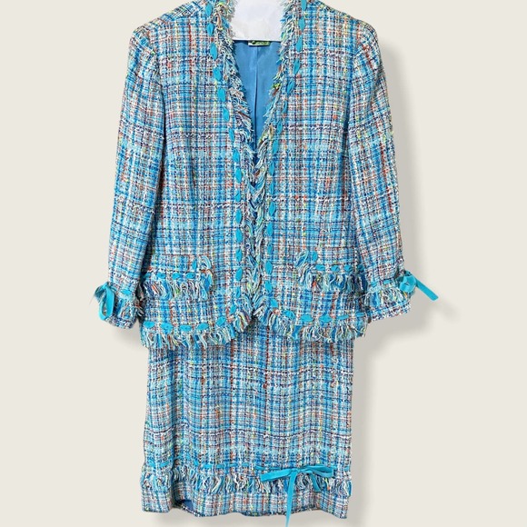 Carlisle Vintage Blue Tweed Dress & Jacket Suit Set Size 8 - Picture 1 of 16